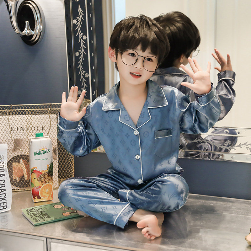 아동용 잠옷 남아용 봄 가을 얼음 실크 긴 소매 중형 및 대형 아동용 남아용 인터넷 연예인 청소년 여름 얇은 에어컨 의류 방