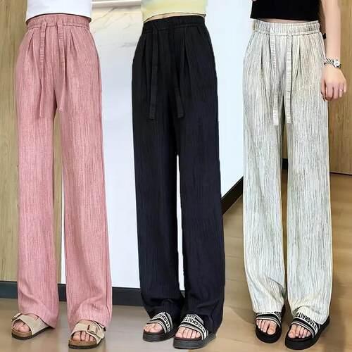 冰丝阔腿裤女夏季2026新款高腰抽绳肌理感慵懒美式休闲拖地裤子女