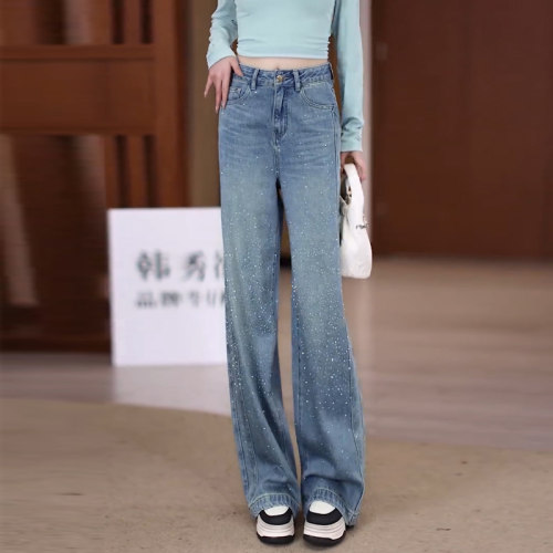 重工烫钻直筒窄版阔腿牛仔裤子女