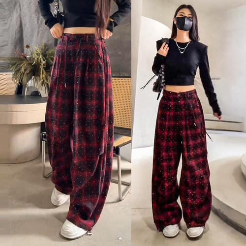 时尚松紧腰烫钻宽松慵懒感阔腿裤2026春季爆款女直筒格纹休闲裤子
