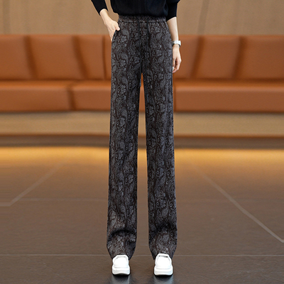 印花羊毛呢高腰窄版阔腿裤女2025秋季新款遮肉垂感百搭直筒休闲裤