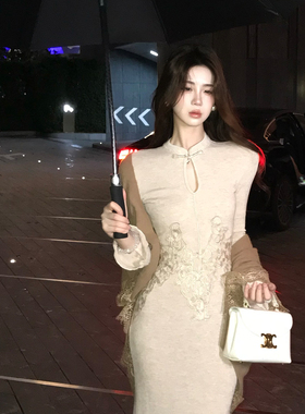 木子李的李新中式巨好看的早秋连衣裙立领刺绣针织长裙开衫外套女