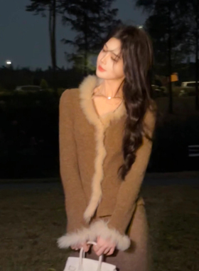 木子李的李秋冬高级感复古毛毛外套长袖上衣包臀半身裙两件套套装