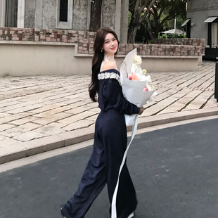 套装 翻领露肩针织卫衣蕾丝内搭上衣垂感阔腿裤 李早秋长袖 木子李