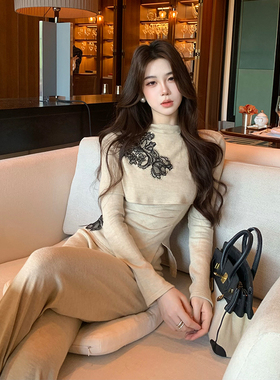 木子李的李2025新中式半高领长袖针织衫刺绣上衣高腰阔腿裤套装秋