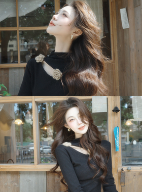 木子李的李设计感半高领镂空长袖针织衫修身上衣直筒喇叭裤长裤冬