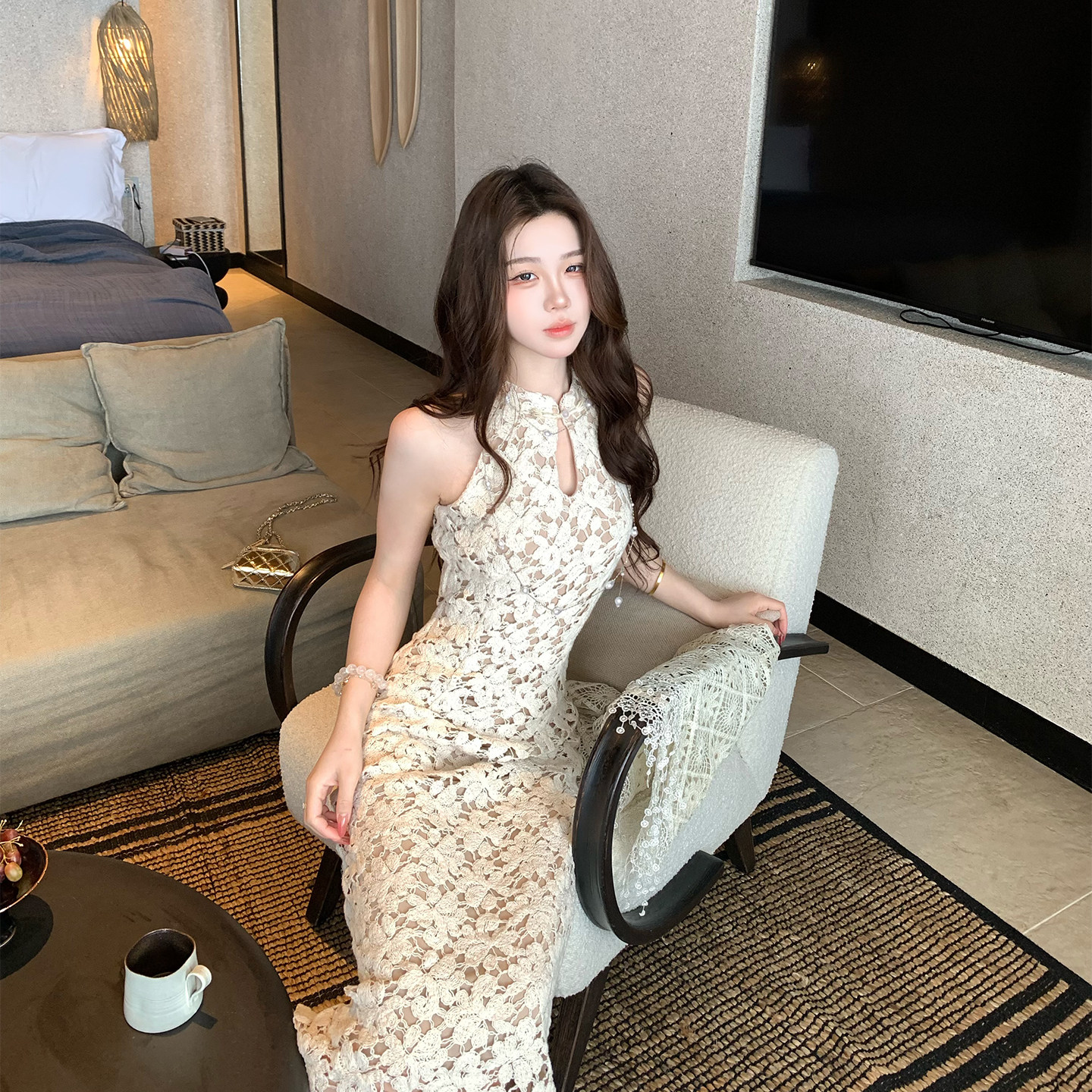 木子李的李优雅气质无袖立领修身包臀蕾丝连衣裙高级垂感收腰长裙