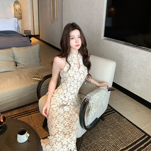 木子李的李优雅气质无袖立领修身包臀蕾丝连衣裙高级垂感收腰长裙