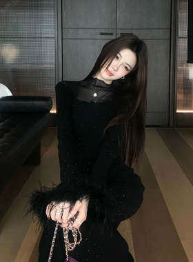 木子李的李轻奢烫钻高级感针织连衣裙半高领网纱修身鱼尾裙长裙冬
