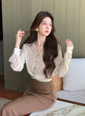木子李的李2025新款纯色内搭长袖上衣百搭雪纺衫缎面半身裙套装秋