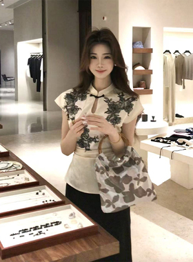 木子李的李2025新中式气质褶皱修身印花上衣包臀黑色半身裙套装夏