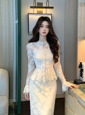 木子李的李早秋优雅修身蕾丝套装长袖收腰上衣内搭高腰直筒半身裙