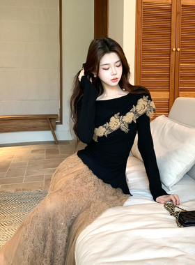 木子李的李设计感一字领拼接不规则针织上衣蕾丝网纱半身裙套装冬