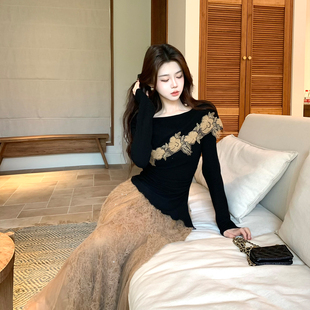 木子李 冬 李设计感一字领拼接不规则针织上衣蕾丝网纱半身裙套装