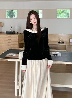 木子李的李秋冬法式复古拼接荡领长袖收腰丝绒上衣高腰垂感半身裙