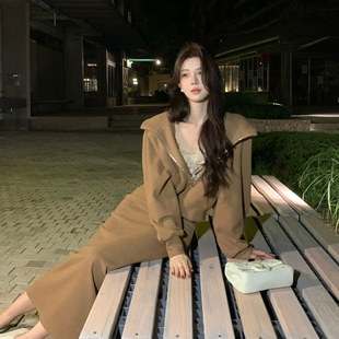 连帽卫衣外套蕾丝内搭上衣直筒半身裙套装 短款 秋冬 李长袖 木子李