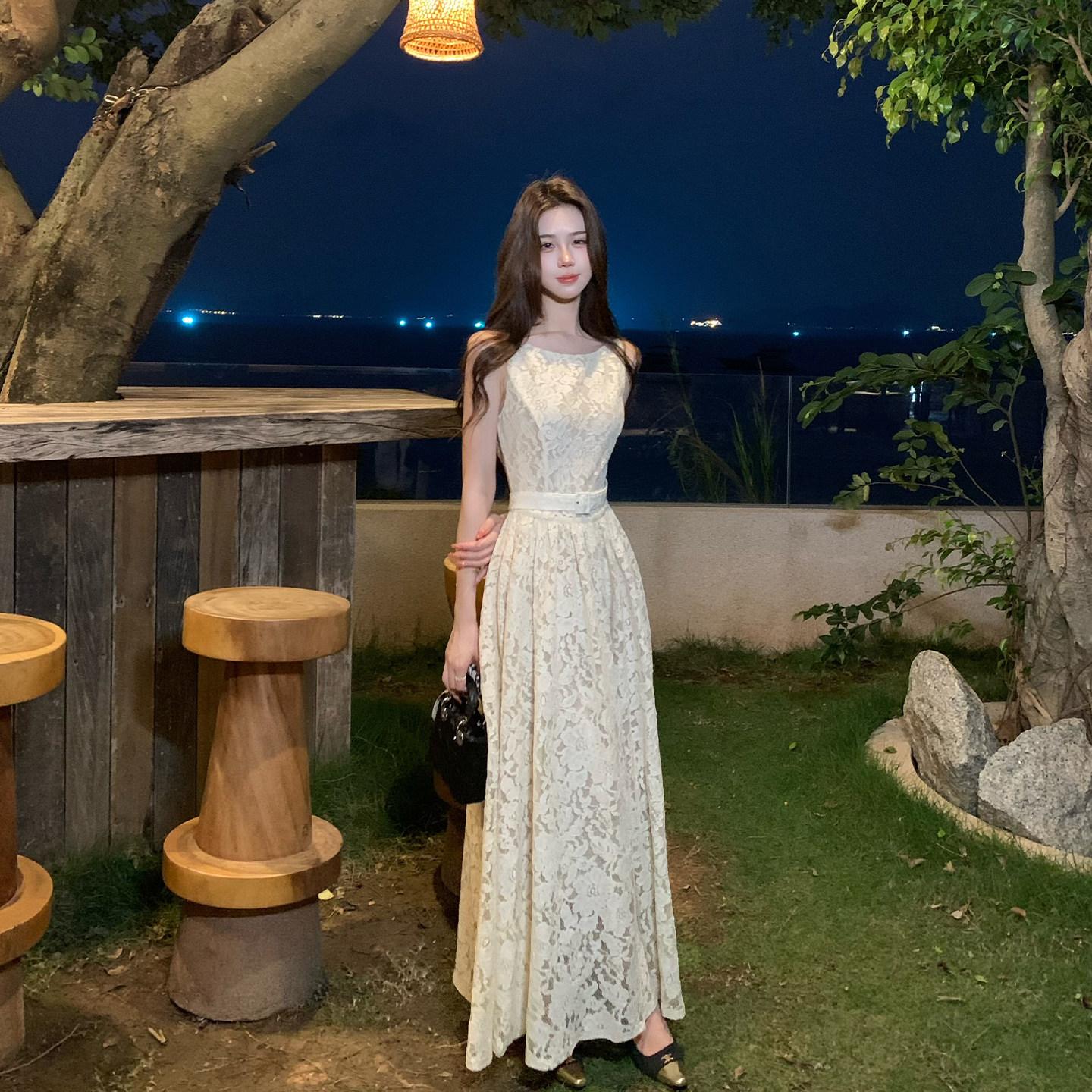 木子李的李 气质温柔风重工蕾丝无袖高腰连衣裙蓬蓬裙A字裙长裙夏