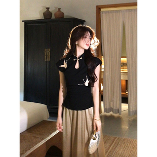 上衣高腰半身裙套装 立领水滴扣连肩袖 夏 李2025黑色新中式 木子李