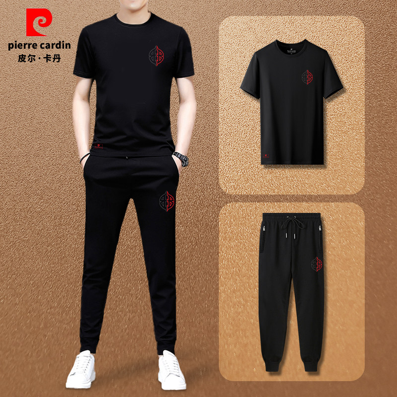 皮尔卡丹圆领短袖t恤衫男士2026春夏季新款简约百搭修身运动套装