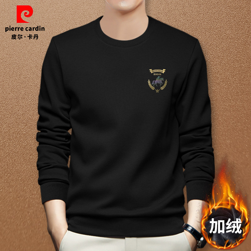 皮尔卡丹圆领加绒卫衣男士加厚2026新款春秋冬中青年休闲简约上衣