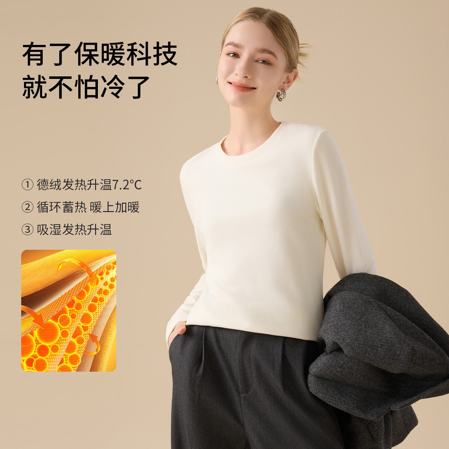 冬季新款德绒圆领天丝打底衫女秋衣新款羊毛蚕丝加绒加厚保暖上衣