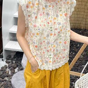 韩版蕾丝花边碎花上衣夏季轻薄无袖背心甜美小清新大码女装