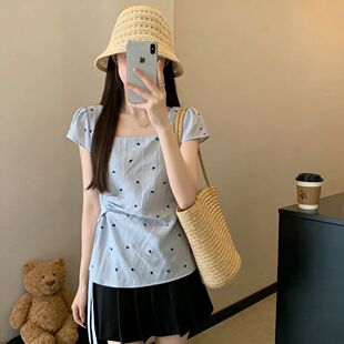 大码甜美少女风爱心短袖衬衫女夏季胖MM韩版方领不规则绑带上衣