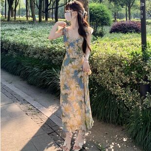 复古茶歇海边度假气质一字肩长裙 法式 浪漫小飞袖 连衣裙女夏季 新款