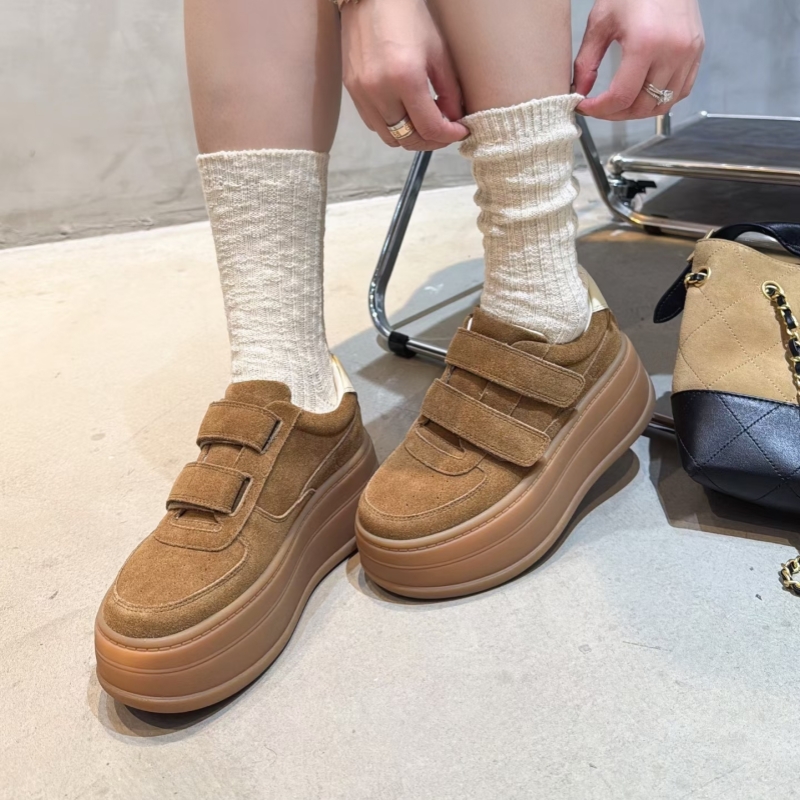 【鹿可可】复古牛皮魔术贴厚底板鞋女四季可穿松糕板鞋增高德训鞋