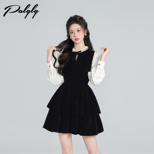 赫本风黑色丝绒假两件连衣裙女冬季富家大小姐气质韩系蓬蓬蛋糕裙