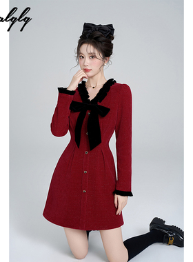 新年红色v领收腰连衣裙女冬装小香风圣诞裙法式蝴蝶结打底a字裙子