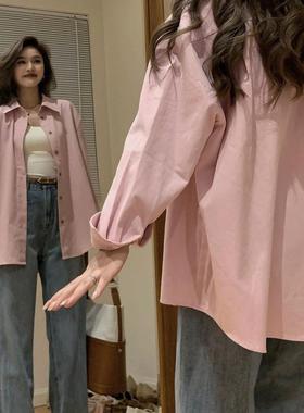 轻奢超好看ins显白蓝色纯棉衬衫女叠穿宽松遮肉显瘦长袖衬衣外穿