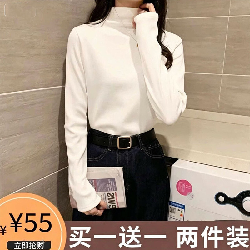 德绒半高领打底衫女2026秋冬白色长袖t恤女加绒加厚内搭洋气上衣