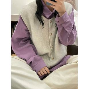 100%全棉衬衫高级感浅紫色女内搭打底春秋灯芯绒上衣叠穿马甲外套