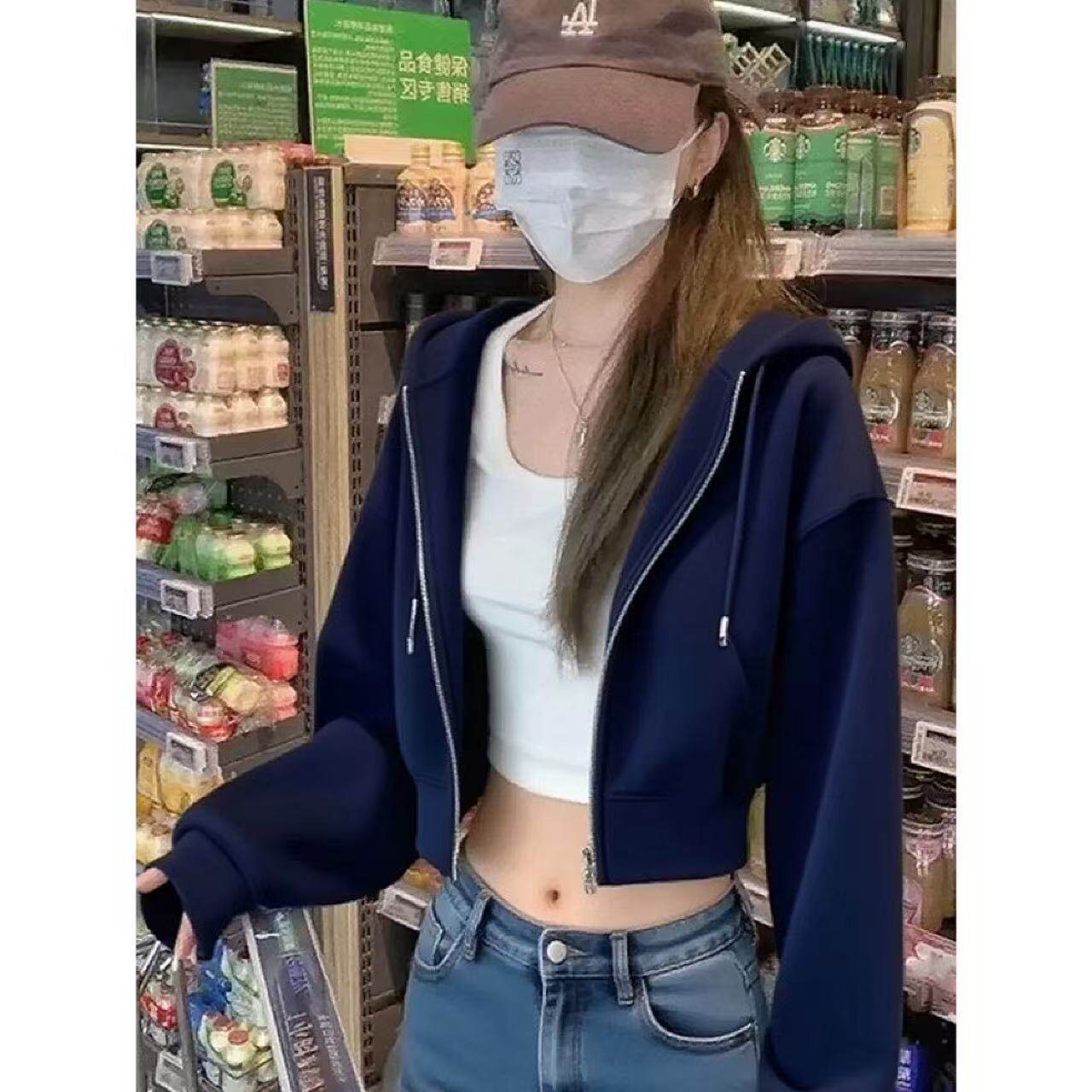 2025新款纯棉藏蓝色短款卫衣外套女宽松百搭显瘦拉链连帽开衫外穿