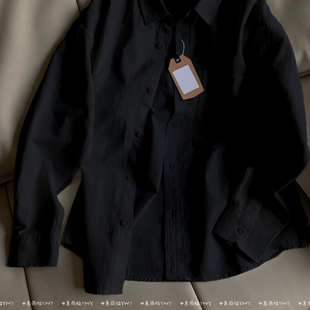 重磅100%纯棉黑色衬衫内搭叠穿长袖上衣休闲薄外套男女情侣款衬衣