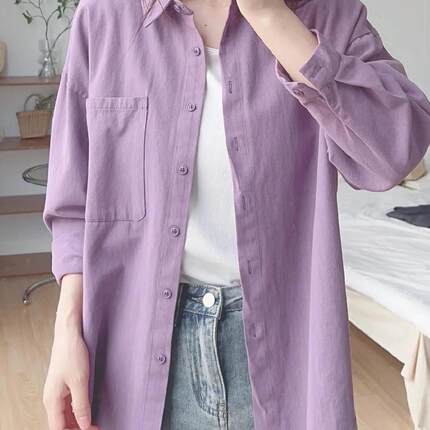 100%纯棉长袖衬衫女2025年新款爆款宽松衬衣开衫外套上衣叠穿防晒
