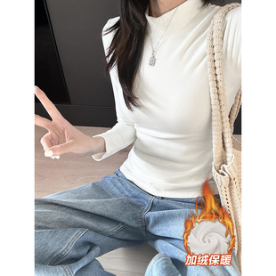 半高领德绒长袖t恤女秋冬季修身显瘦加绒加厚上衣白色内搭打底衫