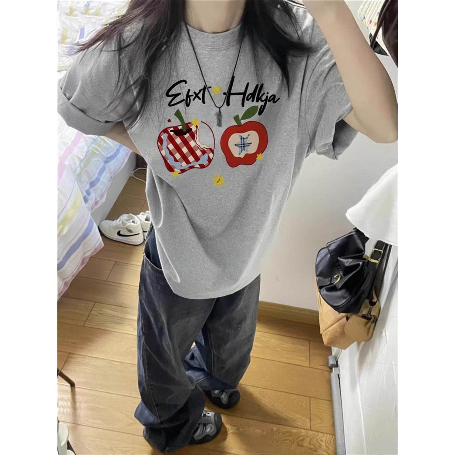 美式灰色圆领短袖t恤女大童2026新款夏初中高中学生宽松半袖上衣