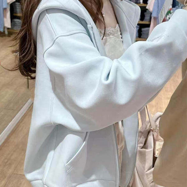 美式复古高街连帽卫衣女春秋oversize纯色薄款外套慵懒风开衫上衣