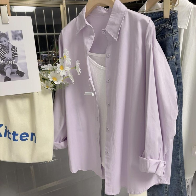 日系纯棉紫色衬衫女上衣休闲百搭长袖衬衣宽松高级感薄款防晒外套