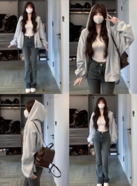 早秋薄款灰色卫衣外套韩版宽松慵懒风oversize连帽拉链开衫小个子