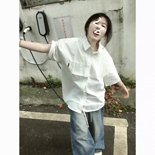 夏季日系白色短袖衬衫女男情侣装2025新款夏装文艺简约休闲衬衣服