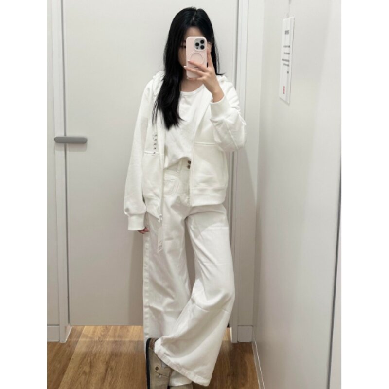 白色连帽卫衣女拉链开衫秋季2025新款宽松百搭上衣外套韩系慵懒风