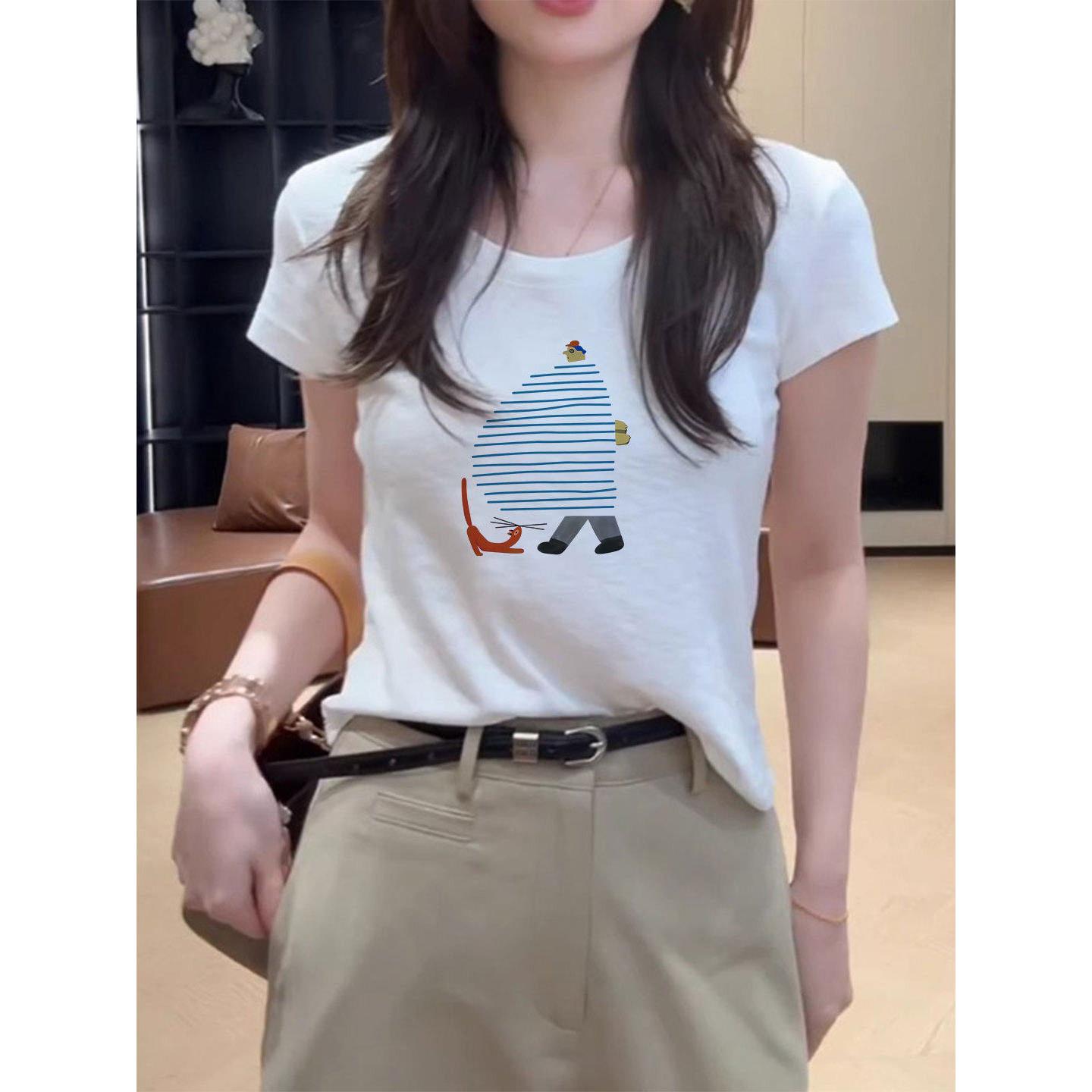 纯棉白色正肩卡通印花短袖T恤女夏圆领百搭休闲独特漂亮减龄上衣