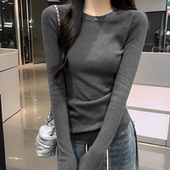 女修身 高级感灰色圆领长袖 内搭打底衫 显瘦正肩韩系上衣t恤