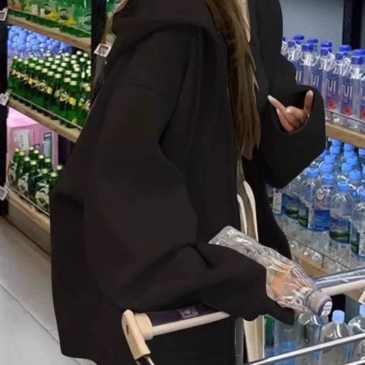 重磅黑色连帽卫衣女2025新款春秋季慵懒休闲宽松拉链开衫外套薄款