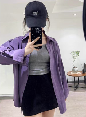 法式轻奢紫色纯棉衬衫女内搭叠穿打底长袖设计感小众宽松显瘦衬衣