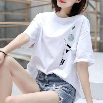 （专柜3折）100%纯棉夏装新款短袖t恤女宽松百搭打底衫圆领上衣