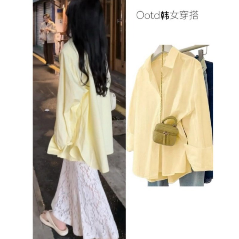 氛围感黄色显白衬衫外套春装中长款衬衣垂感上衣长袖开衫外搭简约